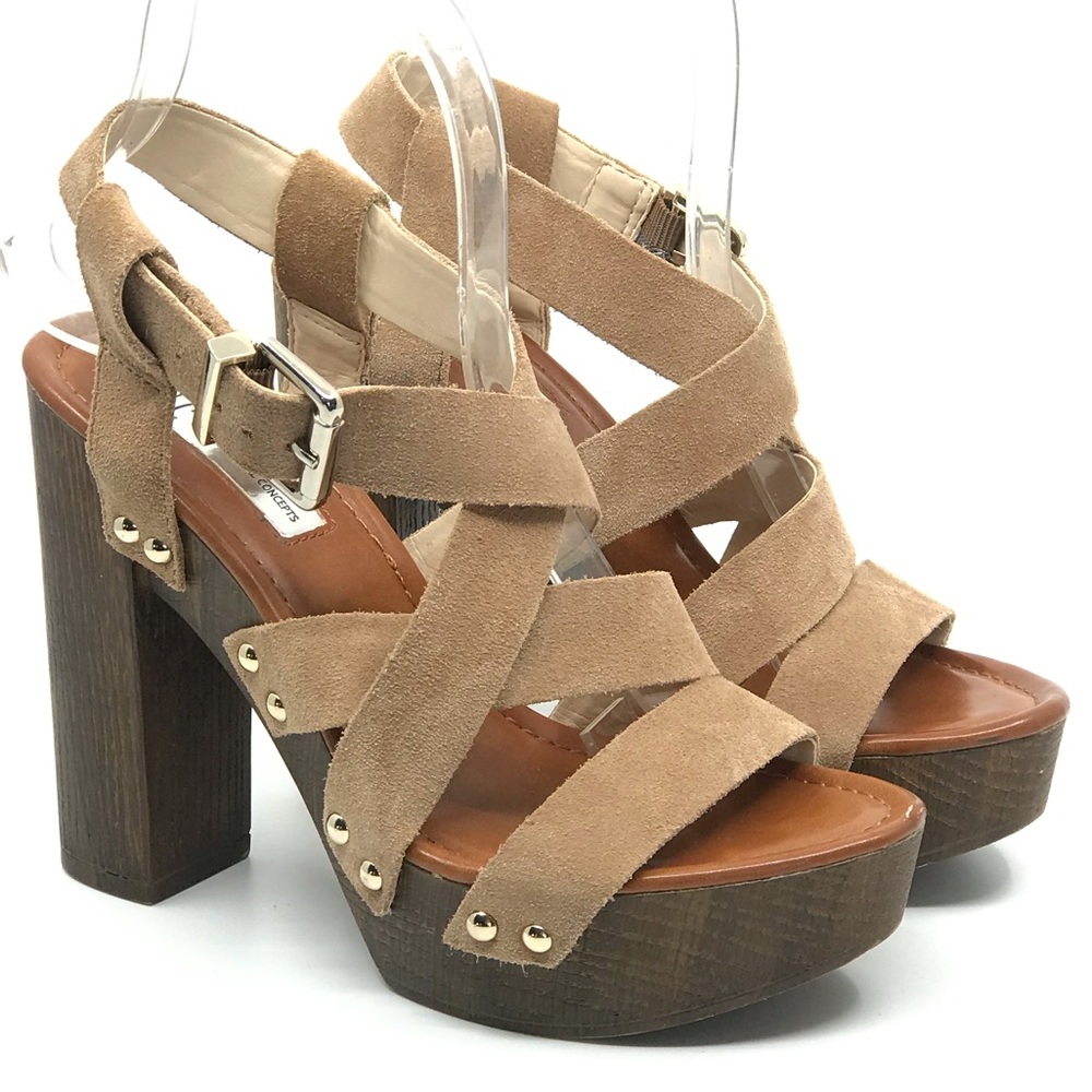 INC TAN SUEDE STRAPPY CHUNKY WOODEN HIGH HEEL